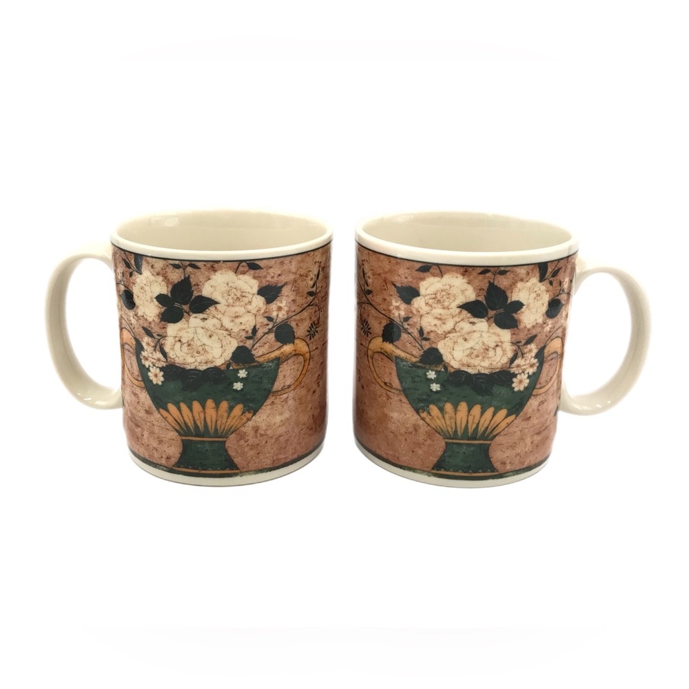 Set of 2 Vintage‎ 1997 Warren Kimble White Roses Floral Coffee Mugs Sakura.